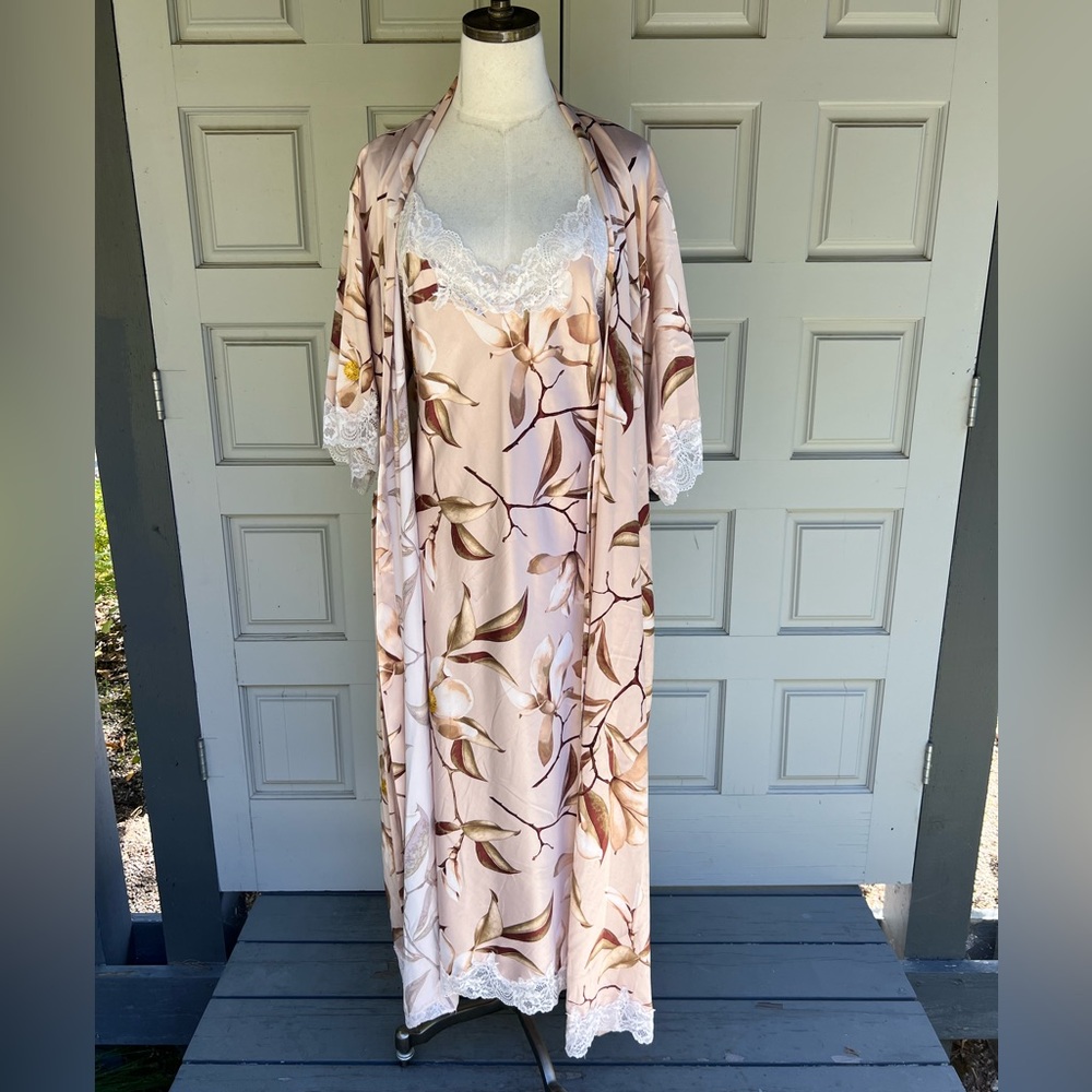 INC 2 Piece Long Satin Floral  Robe with Matching Nightgown
